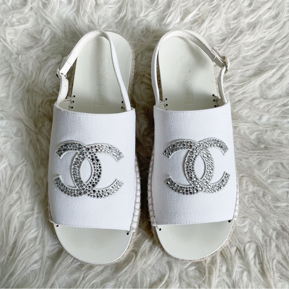 Chanel 24S Interlocking CC Logo Espadrille Slingback White Canvas Rhinestone 38 - Picture 2 of 13